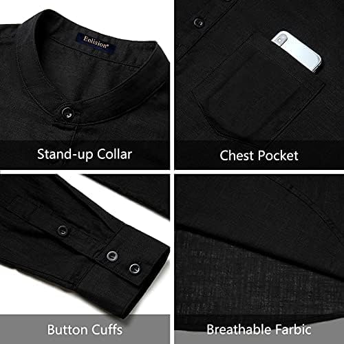 Enlision Mens Cotton Linen Henley Shirts Long Sleeve Casual Shirt Summer Beach Hippie T-Shirt Band Collar Shirt & Pocket
