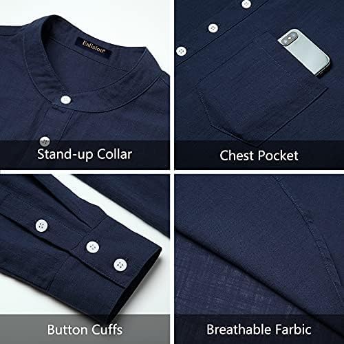 Enlision Mens Cotton Linen Henley Shirts Long Sleeve Casual Shirt Summer Beach Hippie T-Shirt Band Collar Shirt & Pocket