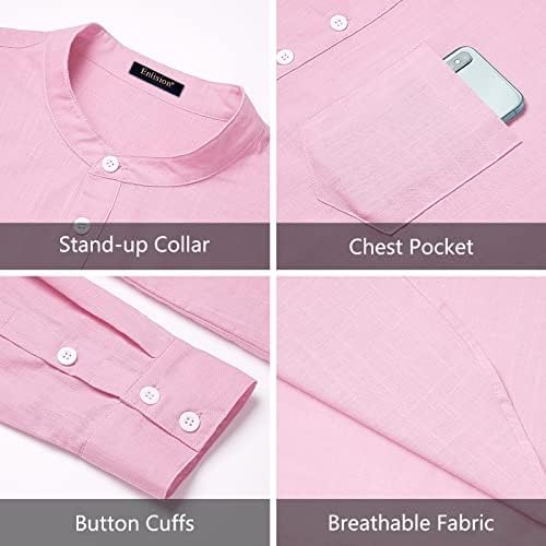 Enlision Mens Cotton Linen Henley Shirts Long Sleeve Casual Shirt Summer Beach Hippie T-Shirt Band Collar Shirt & Pocket