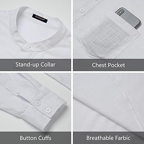 Enlision Mens Cotton Linen Henley Shirts Long Sleeve Casual Shirt Summer Beach Hippie T-Shirt Band Collar Shirt & Pocket