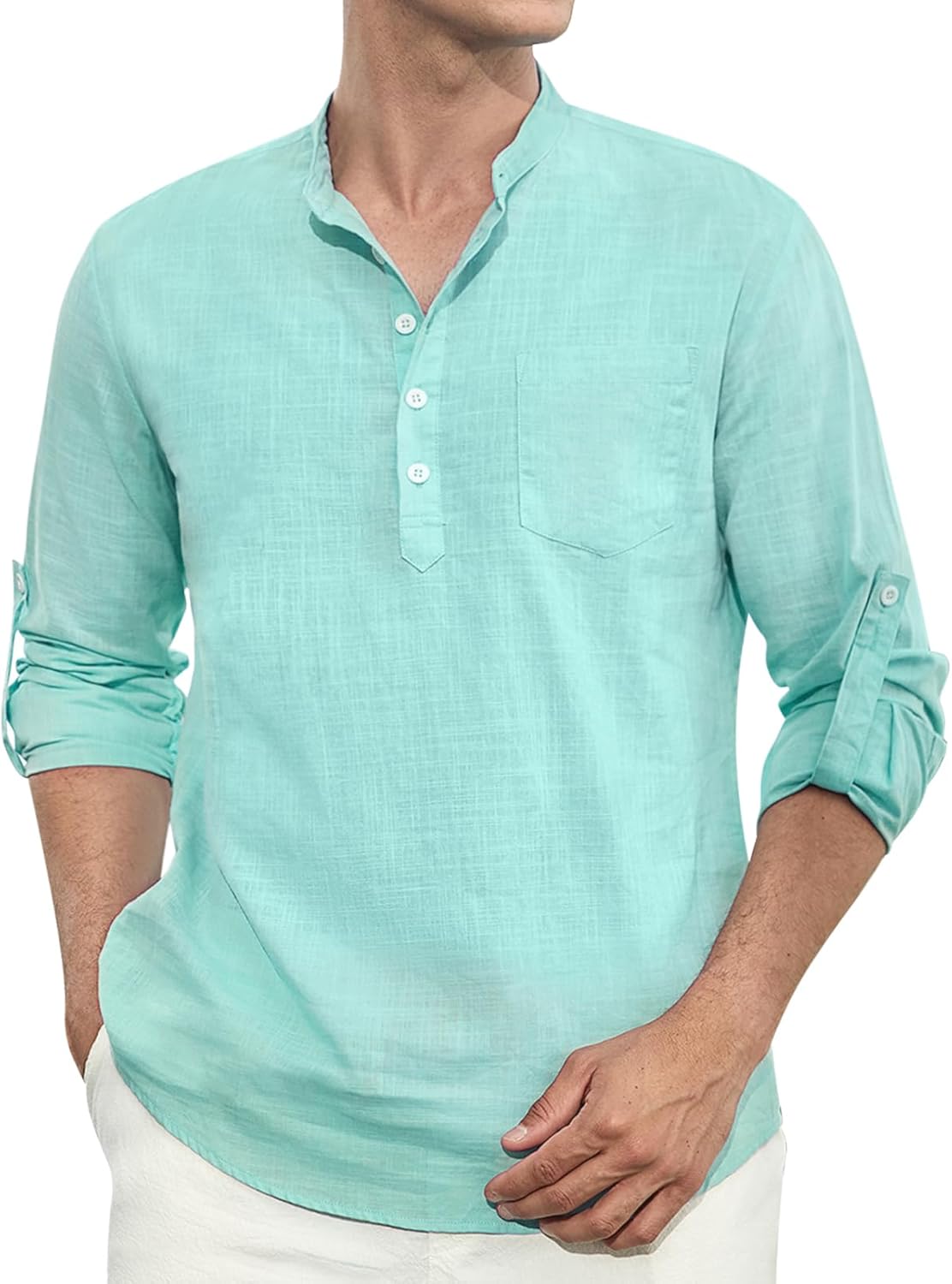 Enlision Mens Cotton Linen Henley Shirts Long Sleeve Casual Shirt Summer Beach Hippie T-Shirt Band Collar Shirt & Pocket