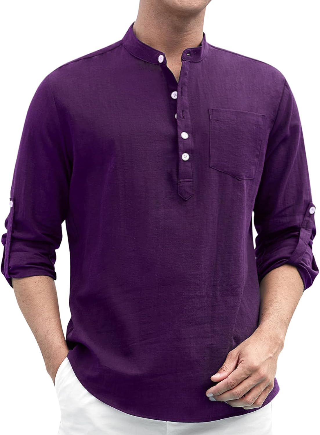 Enlision Mens Cotton Linen Henley Shirts Long Sleeve Casual Shirt Summer Beach Hippie T-Shirt Band Collar Shirt & Pocket