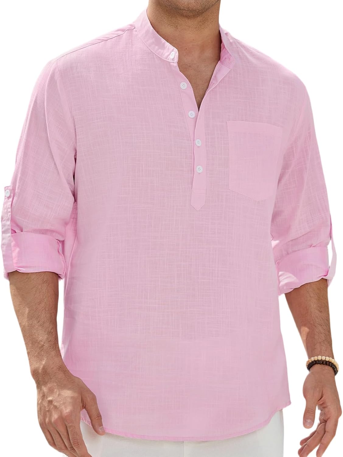 Enlision Mens Cotton Linen Henley Shirts Long Sleeve Casual Shirt Summer Beach Hippie T-Shirt Band Collar Shirt & Pocket