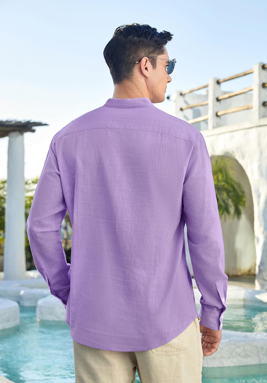 Enlision Mens Cotton Linen Henley Shirts Long Sleeve Casual Shirt Summer Beach Hippie T-Shirt Band Collar Shirt & Pocket