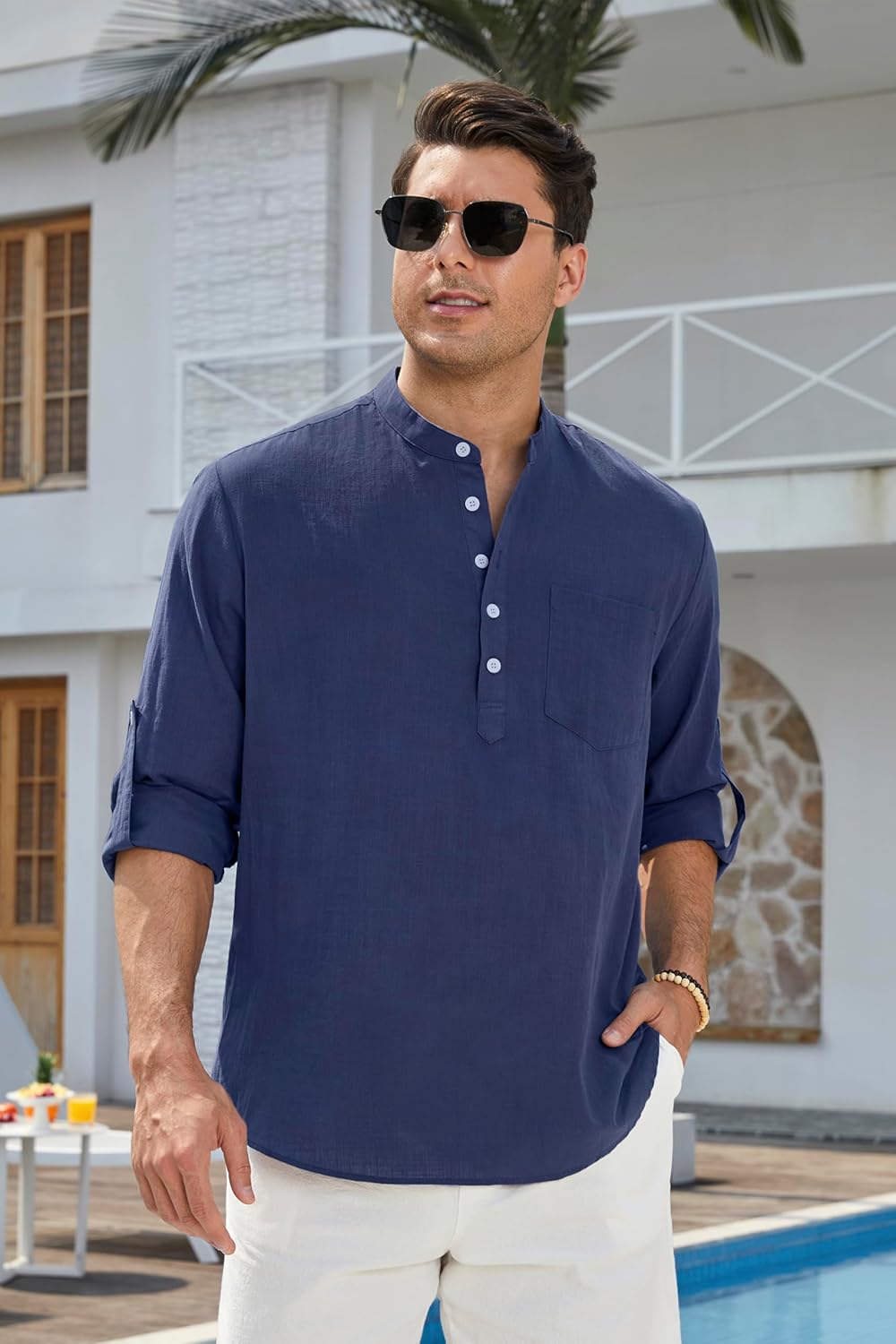 Enlision Mens Cotton Linen Henley Shirts Long Sleeve Casual Shirt Summer Beach Hippie T-Shirt Band Collar Shirt & Pocket
