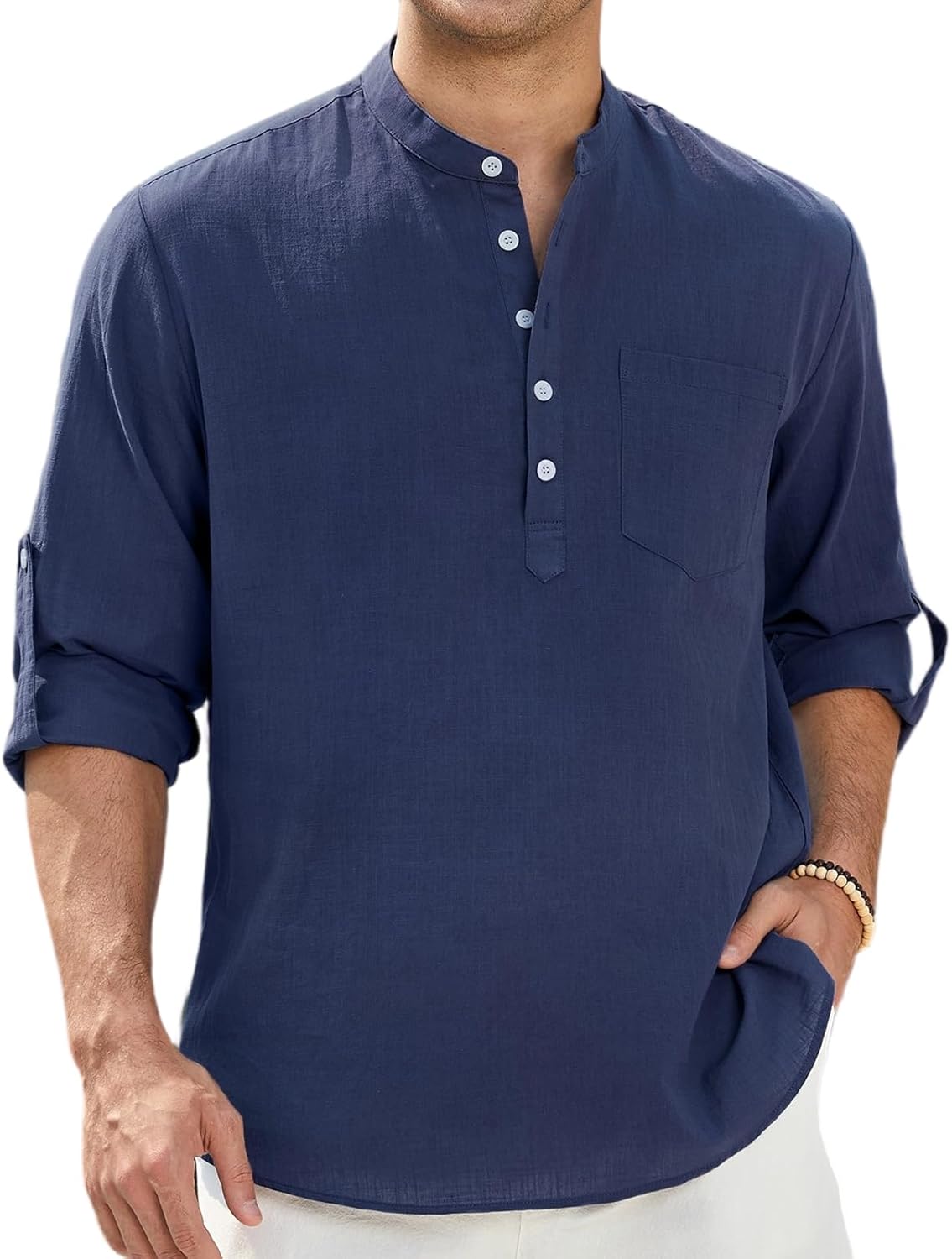 Enlision Mens Cotton Linen Henley Shirts Long Sleeve Casual Shirt Summer Beach Hippie T-Shirt Band Collar Shirt & Pocket