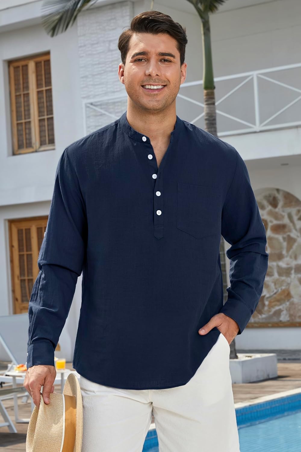 Enlision Mens Cotton Linen Henley Shirts Long Sleeve Casual Shirt Summer Beach Hippie T-Shirt Band Collar Shirt & Pocket