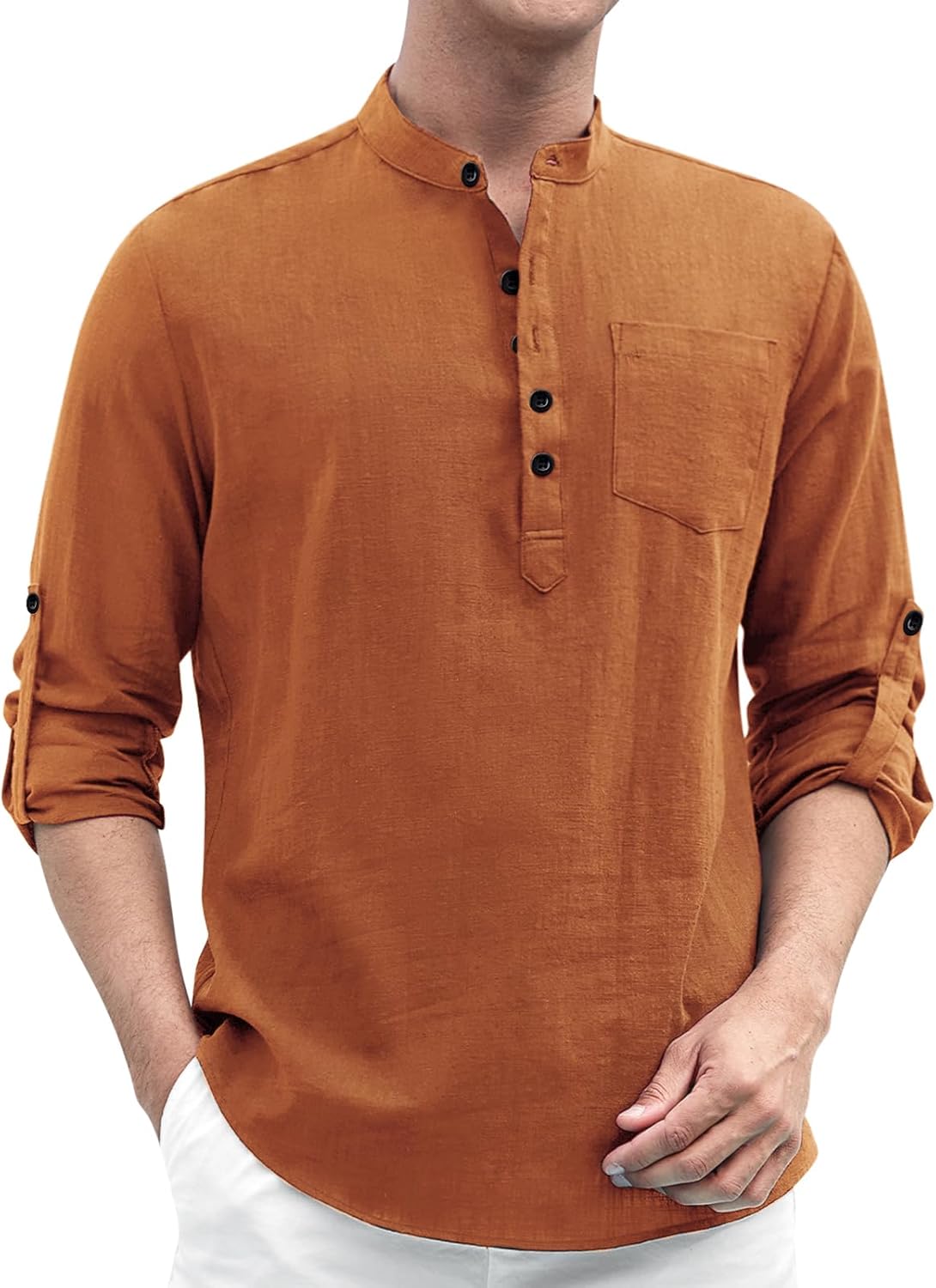 Enlision Mens Cotton Linen Henley Shirts Long Sleeve Casual Shirt Summer Beach Hippie T-Shirt Band Collar Shirt & Pocket
