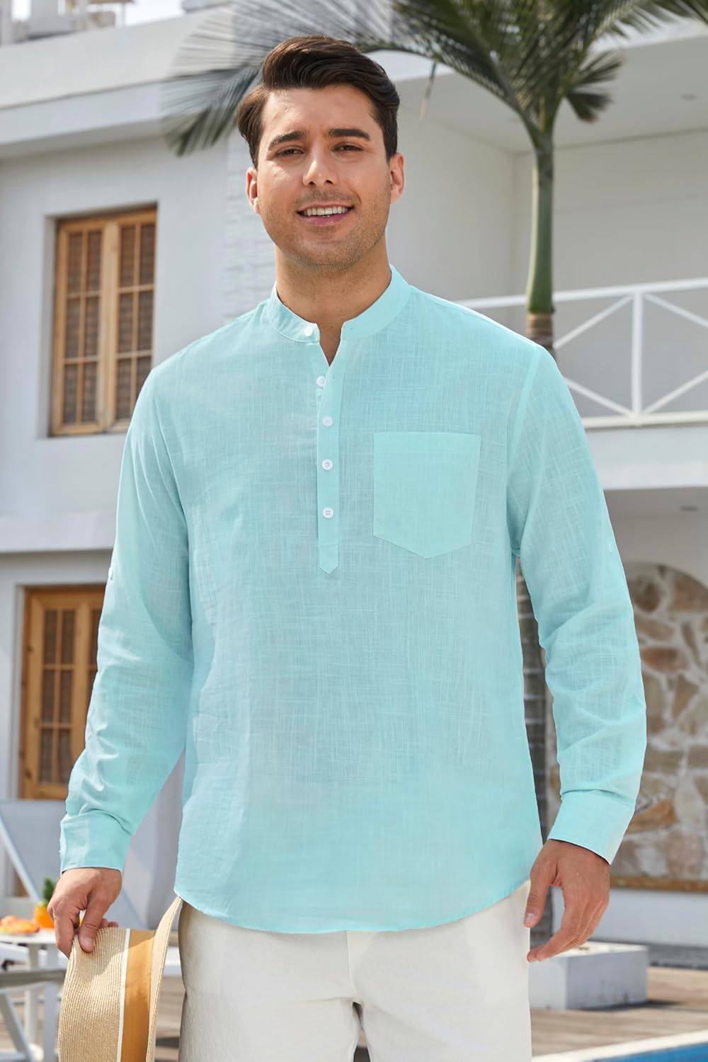 Enlision Mens Cotton Linen Henley Shirts Long Sleeve Casual Shirt Summer Beach Hippie T-Shirt Band Collar Shirt & Pocket