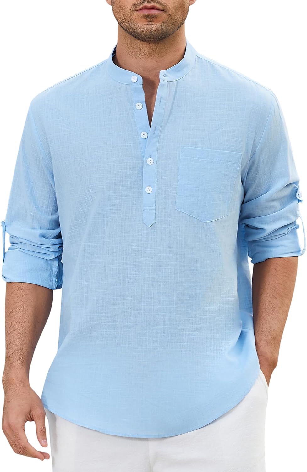 Enlision Mens Cotton Linen Henley Shirts Long Sleeve Casual Shirt Summer Beach Hippie T-Shirt Band Collar Shirt & Pocket
