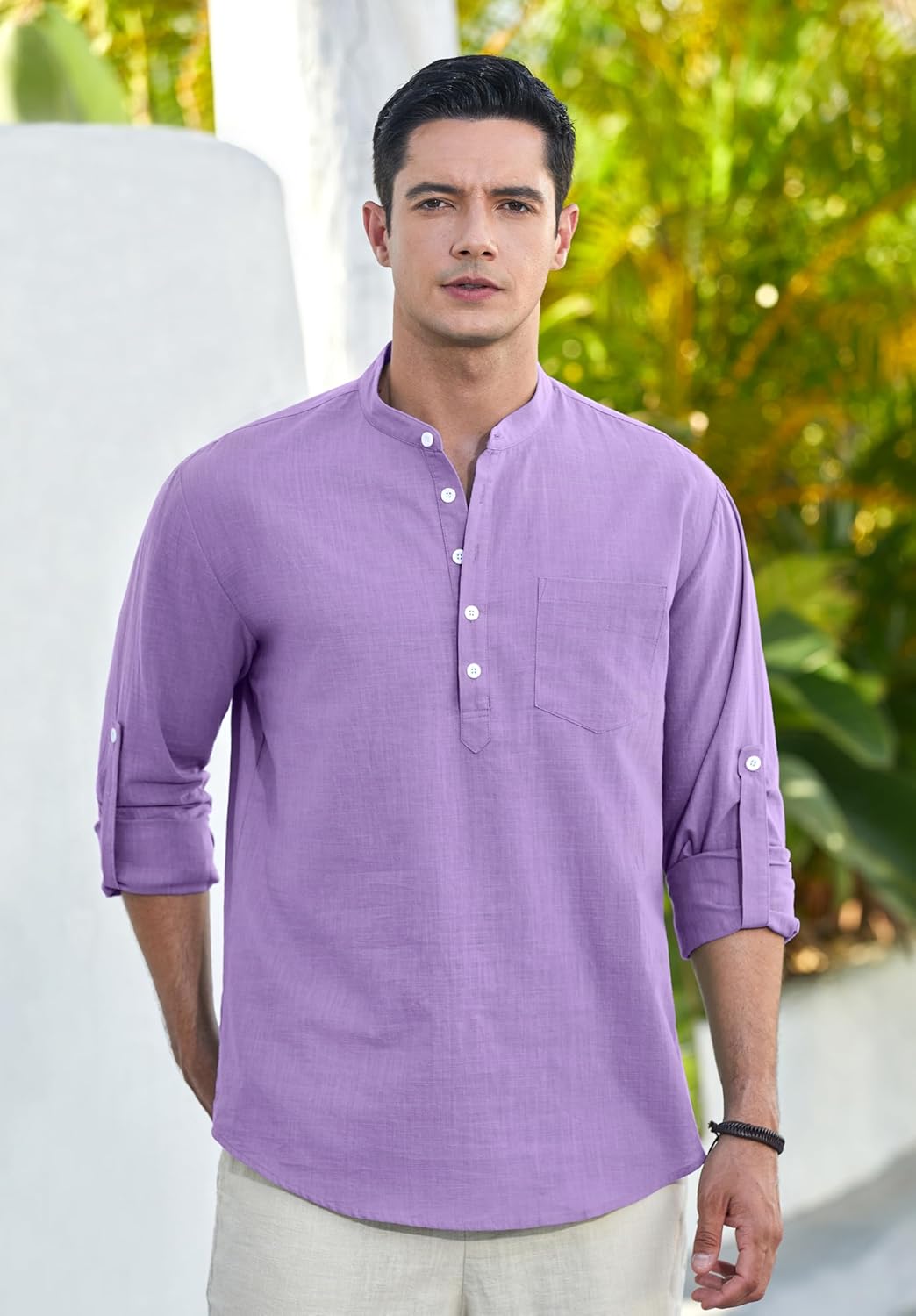 Enlision Mens Cotton Linen Henley Shirts Long Sleeve Casual Shirt Summer Beach Hippie T-Shirt Band Collar Shirt & Pocket