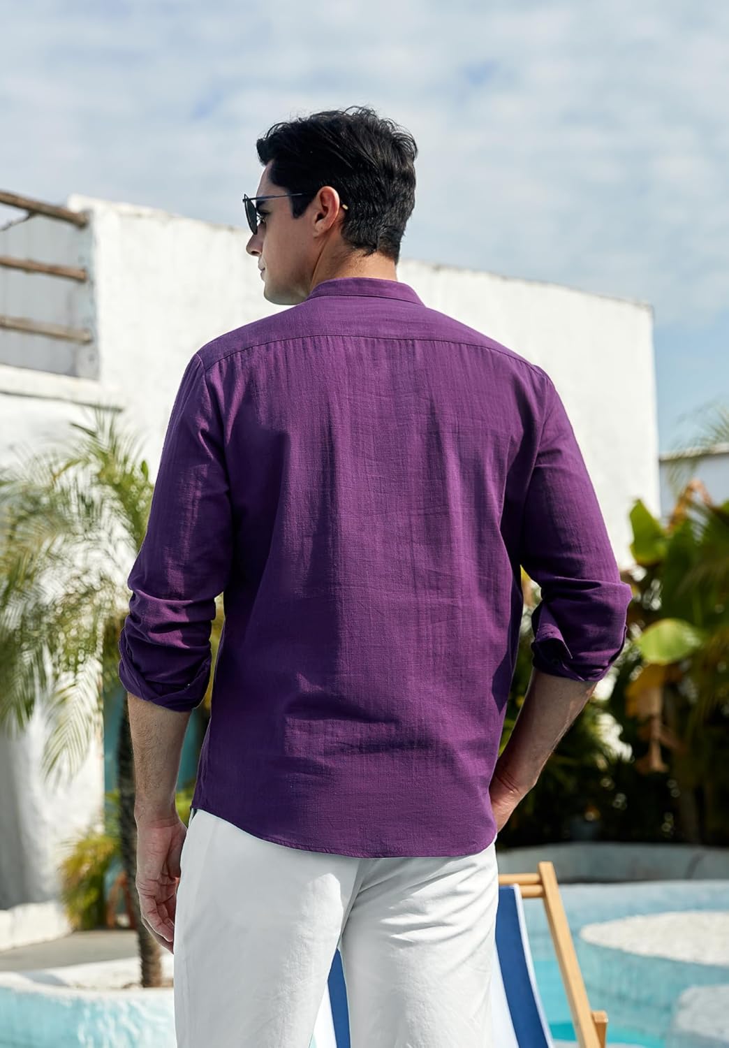 Enlision Mens Cotton Linen Henley Shirts Long Sleeve Casual Shirt Summer Beach Hippie T-Shirt Band Collar Shirt & Pocket