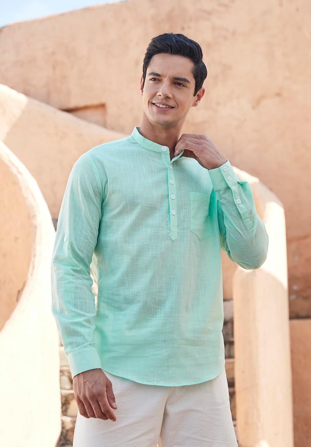 Enlision Mens Cotton Linen Henley Shirts Long Sleeve Casual Shirt Summer Beach Hippie T-Shirt Band Collar Shirt & Pocket