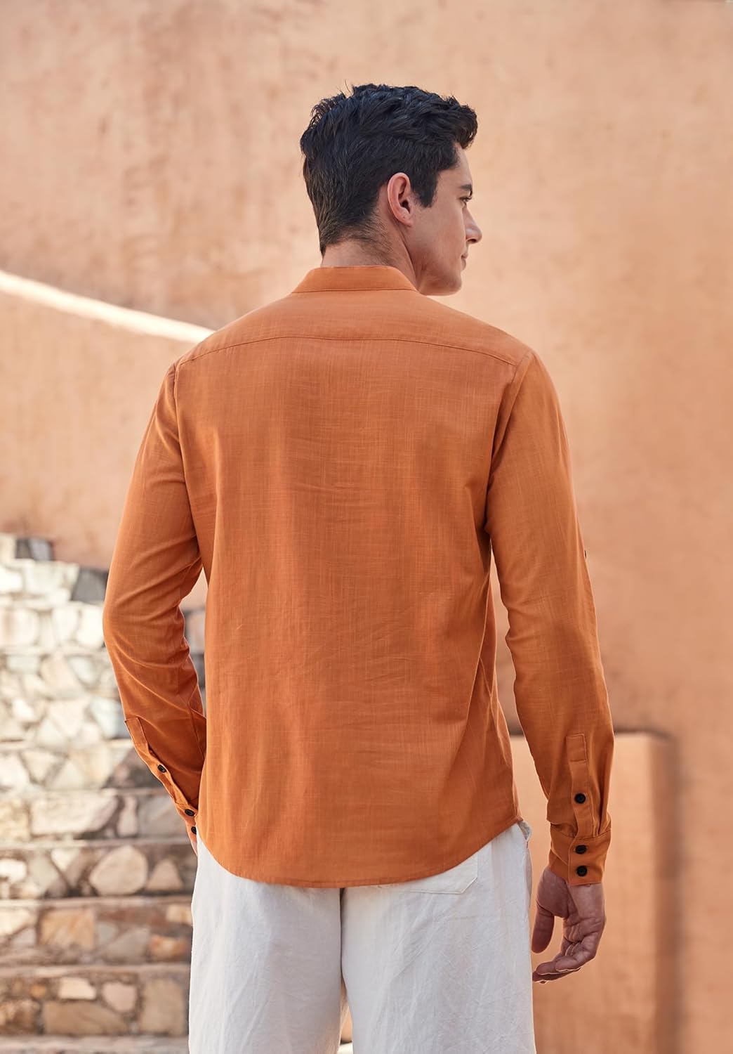 Enlision Mens Cotton Linen Henley Shirts Long Sleeve Casual Shirt Summer Beach Hippie T-Shirt Band Collar Shirt & Pocket