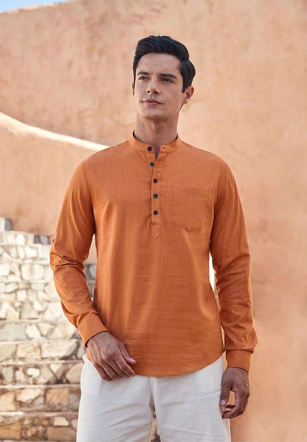 Enlision Mens Cotton Linen Henley Shirts Long Sleeve Casual Shirt Summer Beach Hippie T-Shirt Band Collar Shirt & Pocket