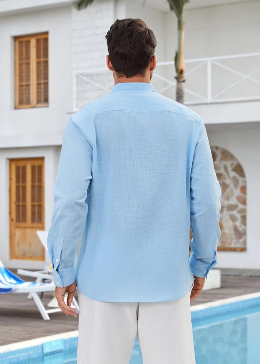 Enlision Mens Cotton Linen Henley Shirts Long Sleeve Casual Shirt Summer Beach Hippie T-Shirt Band Collar Shirt & Pocket