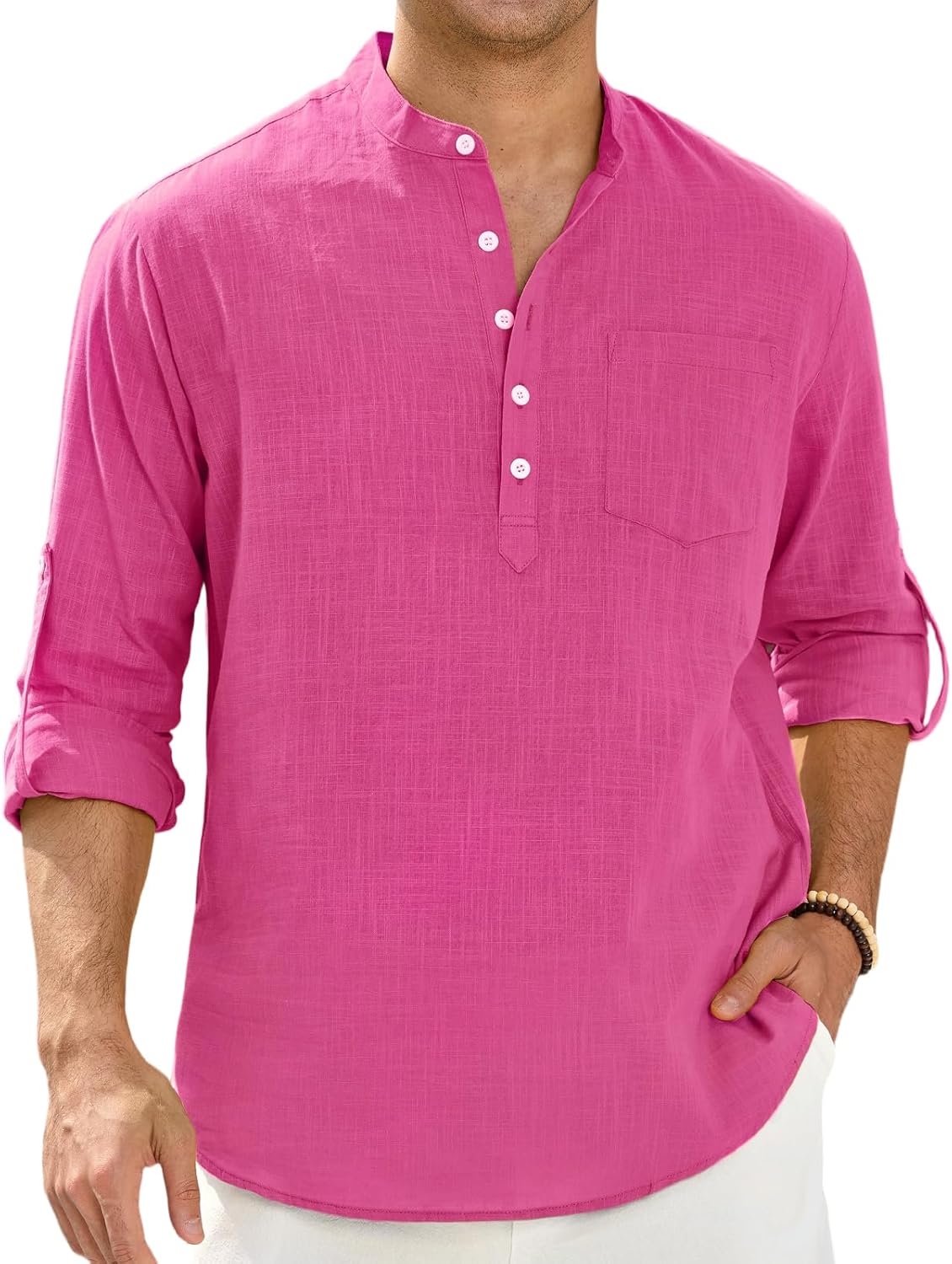 Enlision Mens Cotton Linen Henley Shirts Long Sleeve Casual Shirt Summer Beach Hippie T-Shirt Band Collar Shirt & Pocket