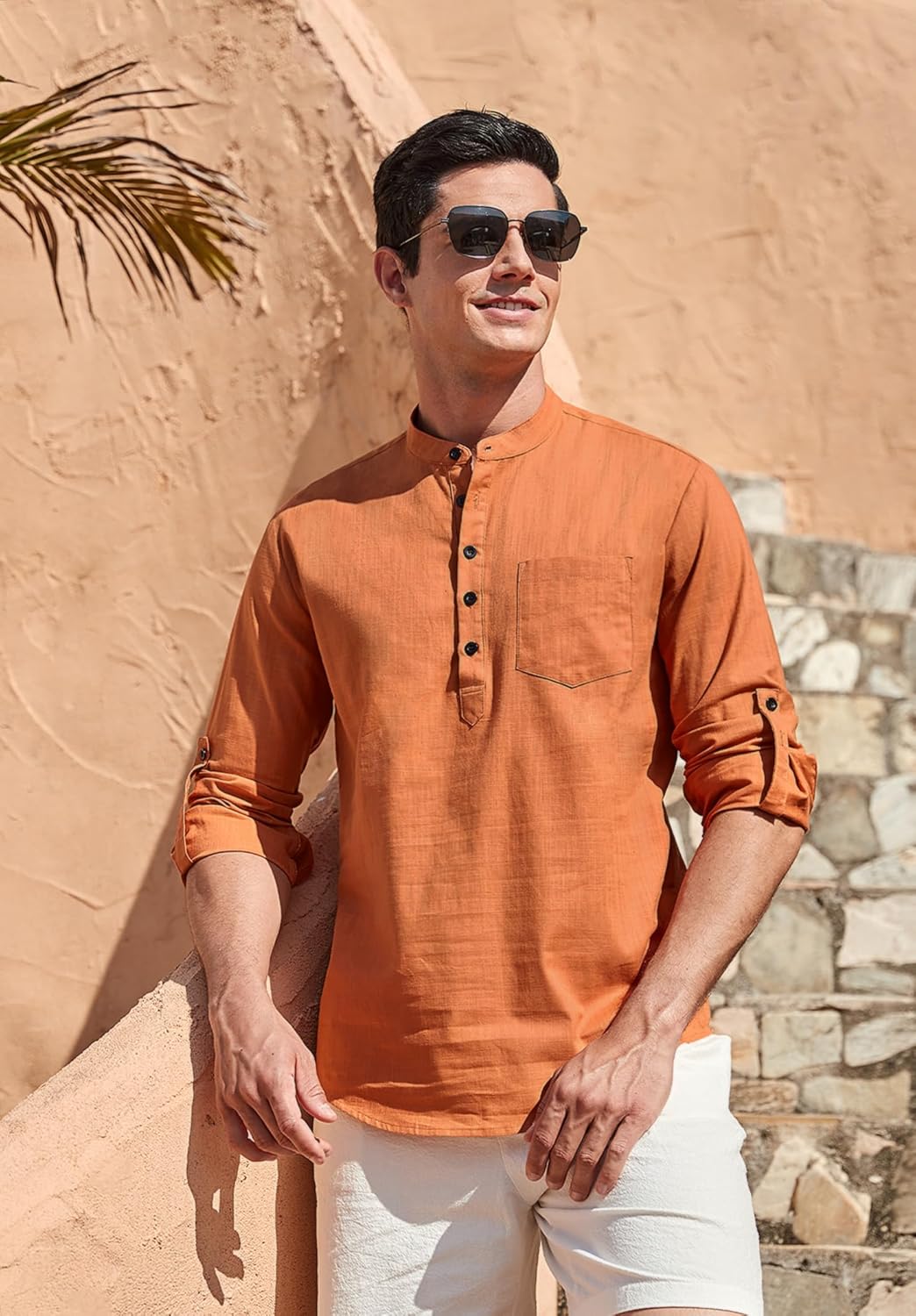 Enlision Mens Cotton Linen Henley Shirts Long Sleeve Casual Shirt Summer Beach Hippie T-Shirt Band Collar Shirt & Pocket