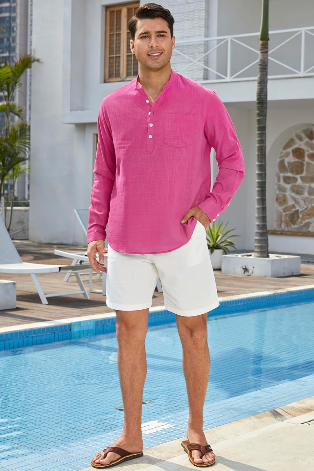 Enlision Mens Cotton Linen Henley Shirts Long Sleeve Casual Shirt Summer Beach Hippie T-Shirt Band Collar Shirt & Pocket