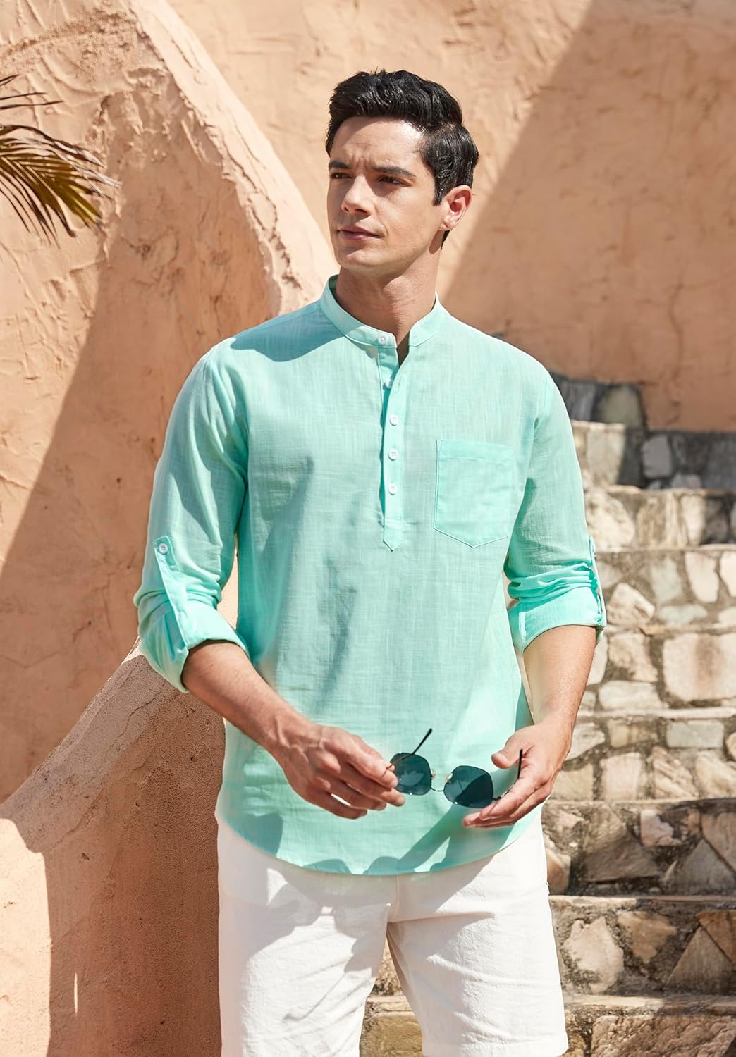 Enlision Mens Cotton Linen Henley Shirts Long Sleeve Casual Shirt Summer Beach Hippie T-Shirt Band Collar Shirt & Pocket