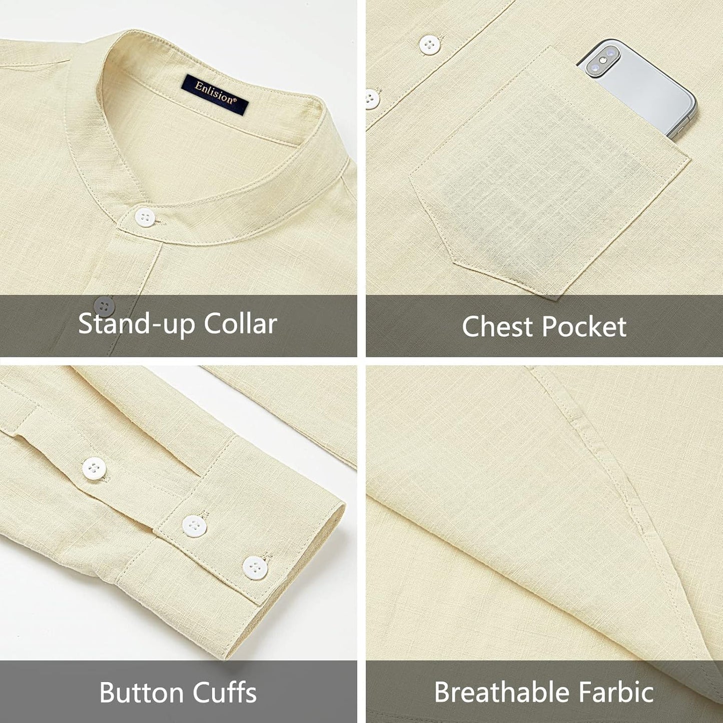 Enlision Mens Cotton Linen Henley Shirts Long Sleeve Casual Shirt Summer Beach Hippie T-Shirt Band Collar Shirt & Pocket