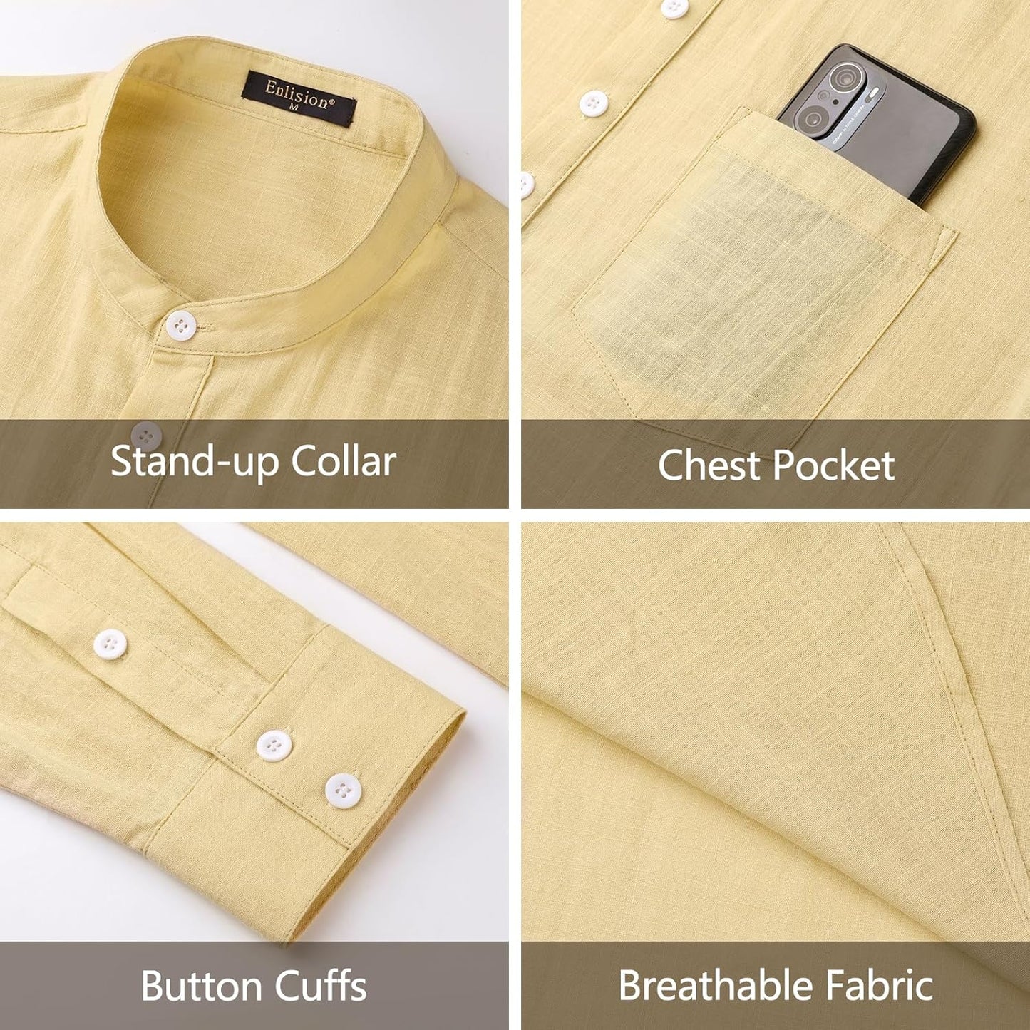 Enlision Mens Cotton Linen Henley Shirts Long Sleeve Casual Shirt Summer Beach Hippie T-Shirt Band Collar Shirt & Pocket