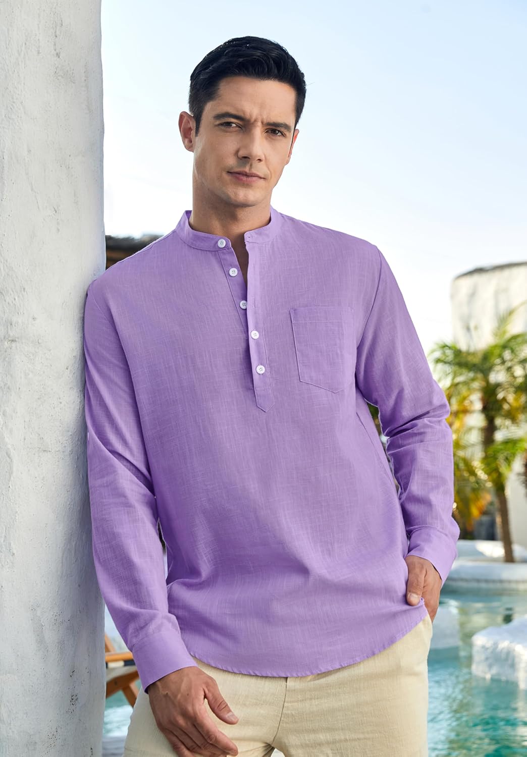 Enlision Mens Cotton Linen Henley Shirts Long Sleeve Casual Shirt Summer Beach Hippie T-Shirt Band Collar Shirt & Pocket