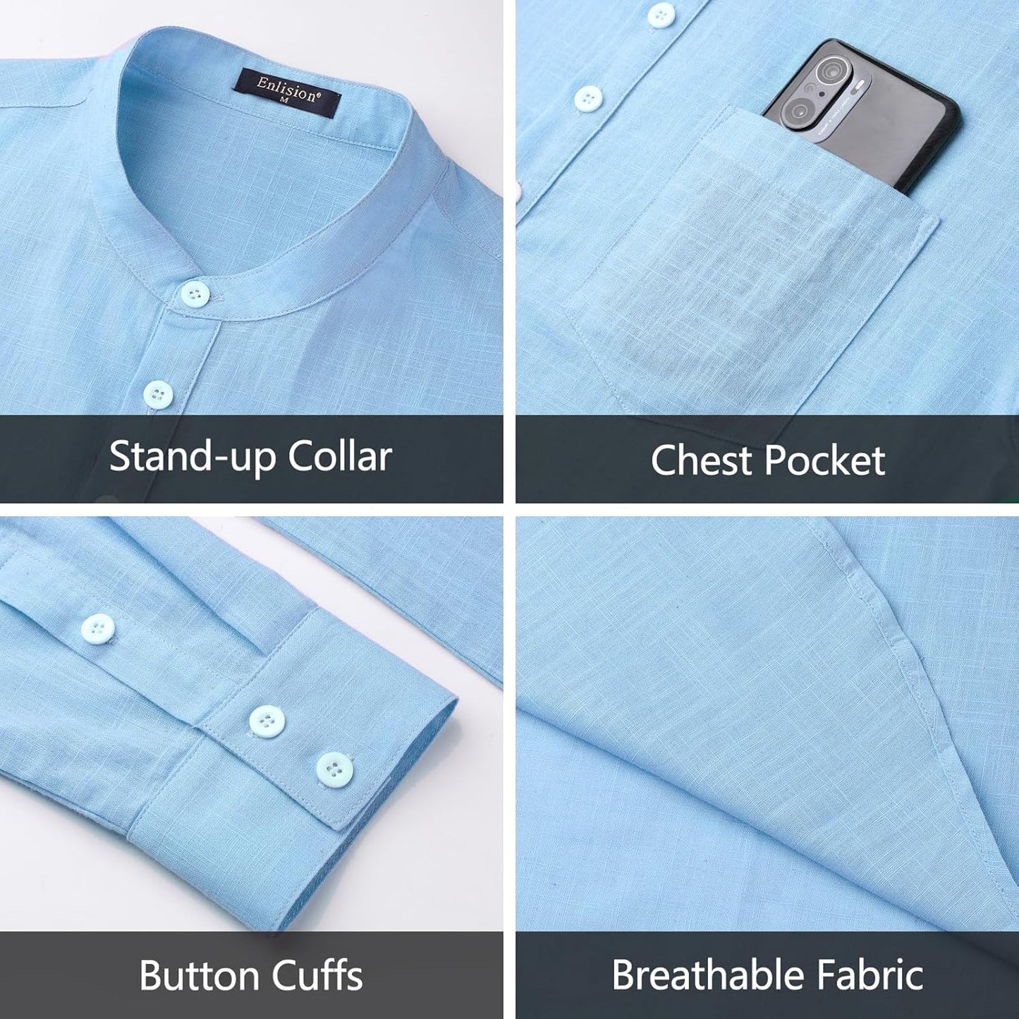 Enlision Mens Cotton Linen Henley Shirts Long Sleeve Casual Shirt Summer Beach Hippie T-Shirt Band Collar Shirt & Pocket