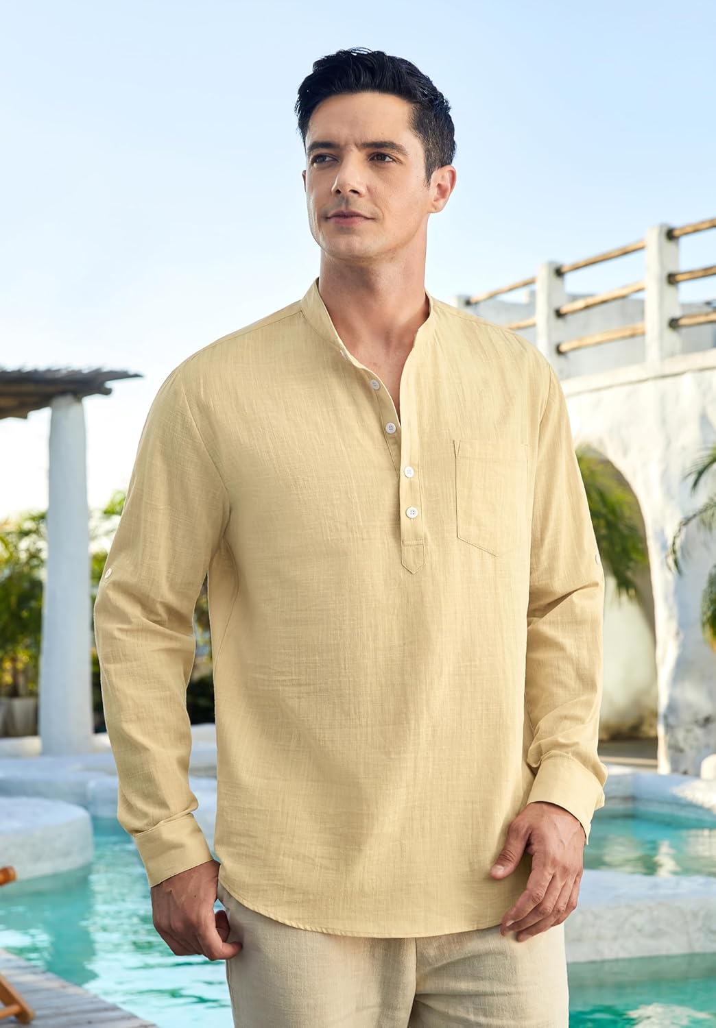 Enlision Mens Cotton Linen Henley Shirts Long Sleeve Casual Shirt Summer Beach Hippie T-Shirt Band Collar Shirt & Pocket
