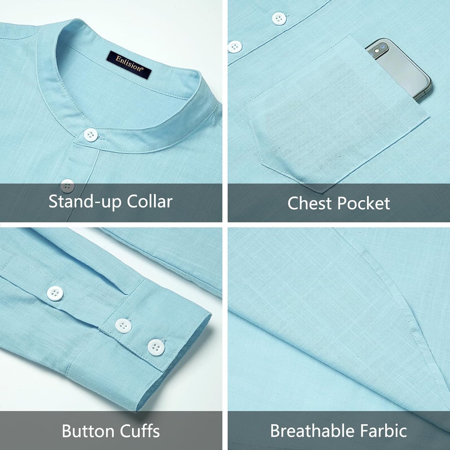 Enlision Mens Cotton Linen Henley Shirts Long Sleeve Casual Shirt Summer Beach Hippie T-Shirt Band Collar Shirt & Pocket