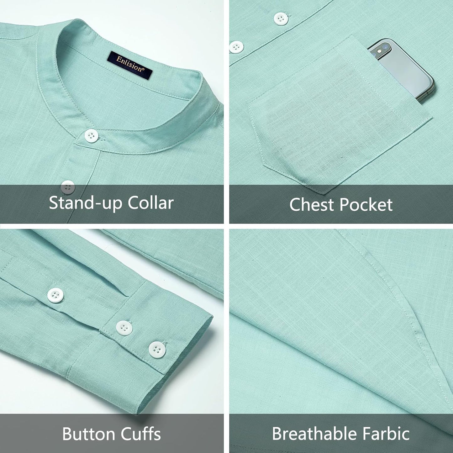 Enlision Mens Cotton Linen Henley Shirts Long Sleeve Casual Shirt Summer Beach Hippie T-Shirt Band Collar Shirt & Pocket