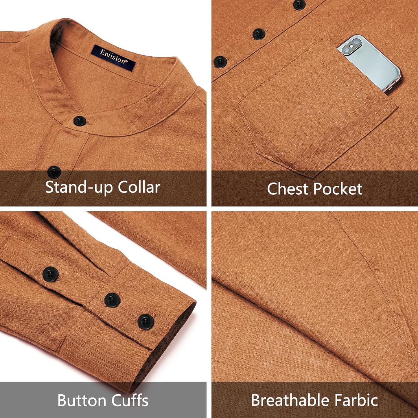 Enlision Mens Cotton Linen Henley Shirts Long Sleeve Casual Shirt Summer Beach Hippie T-Shirt Band Collar Shirt & Pocket