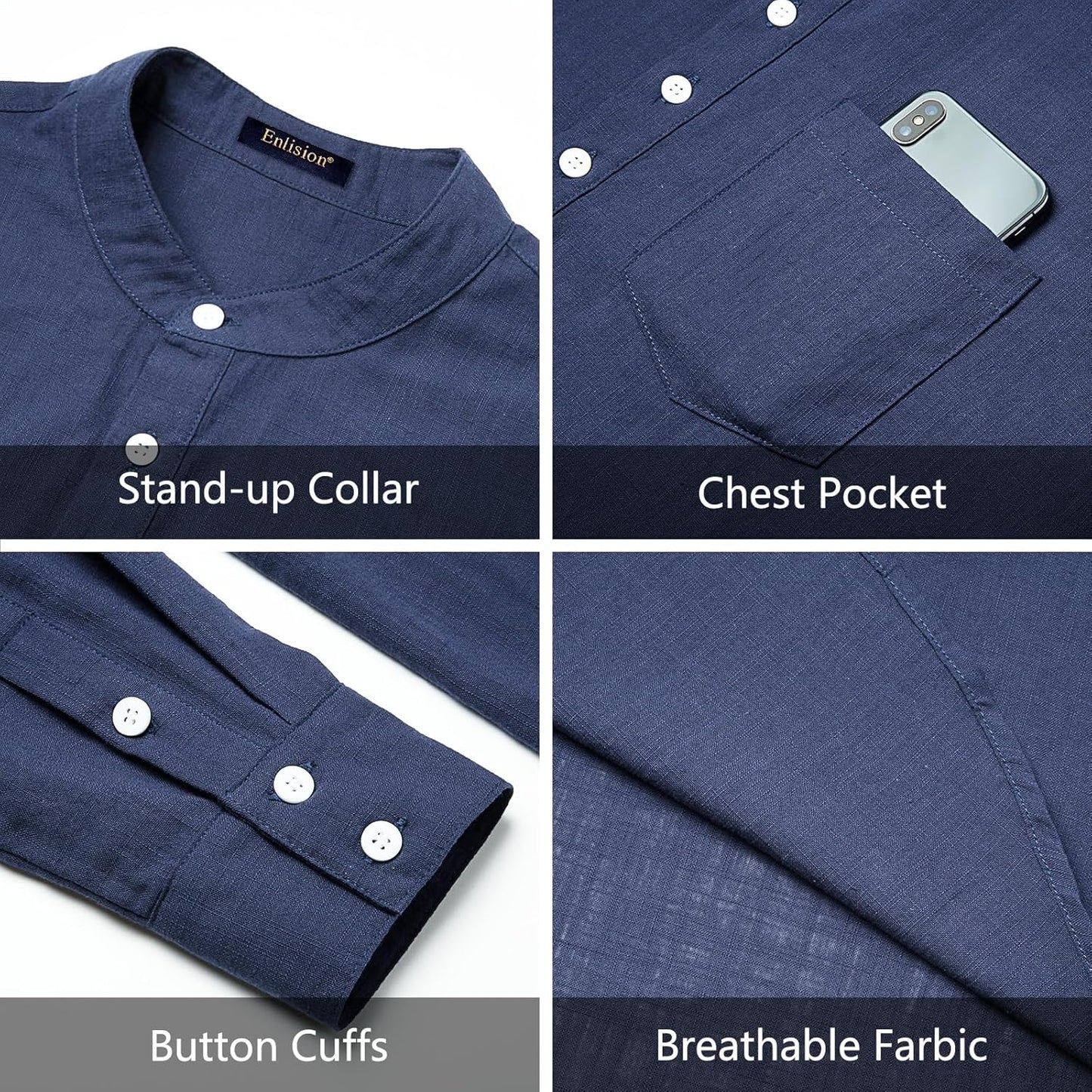 Enlision Mens Cotton Linen Henley Shirts Long Sleeve Casual Shirt Summer Beach Hippie T-Shirt Band Collar Shirt & Pocket
