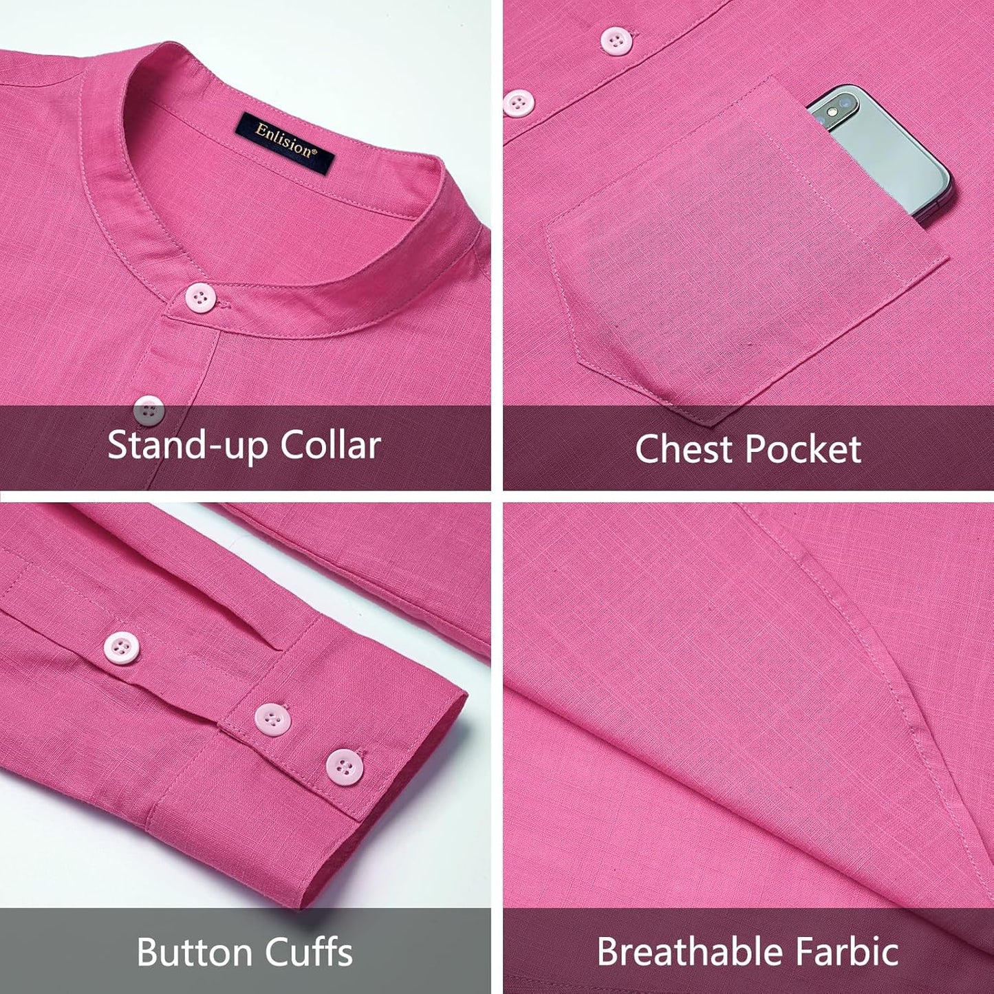 Enlision Mens Cotton Linen Henley Shirts Long Sleeve Casual Shirt Summer Beach Hippie T-Shirt Band Collar Shirt & Pocket