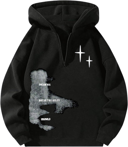 Verdusa Men's Quarter Zip Pullover Hoodies Long Sleeve Drop Shoulder Sweatshirt Casual Pullover