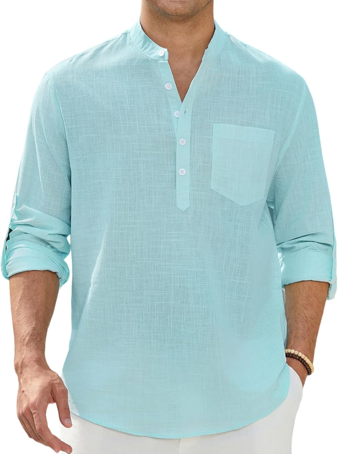 Enlision Mens Cotton Linen Henley Shirts Long Sleeve Casual Shirt Summer Beach Hippie T-Shirt Band Collar Shirt & Pocket